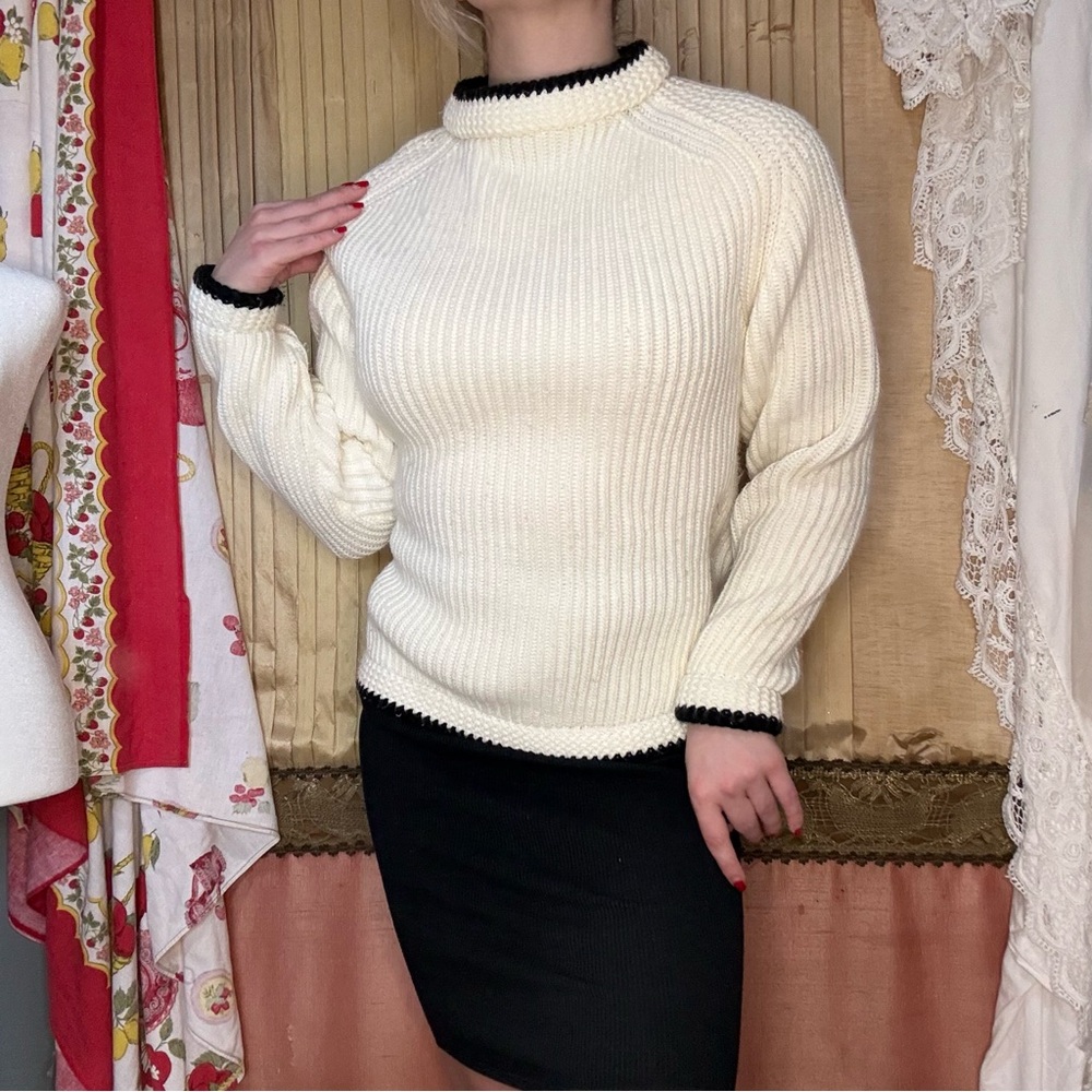 Vintage 70’s Elegant Cream Sweater with Black Trim
